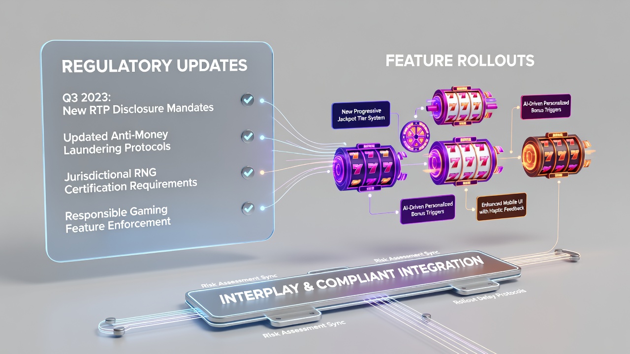 Split screen showing updated slot reel features next to enhanced live bingo interface with real-time compliance indicators